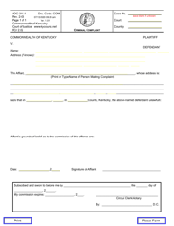 Document preview: Form AOC-315.1 Criminal Complaint - Kentucky
