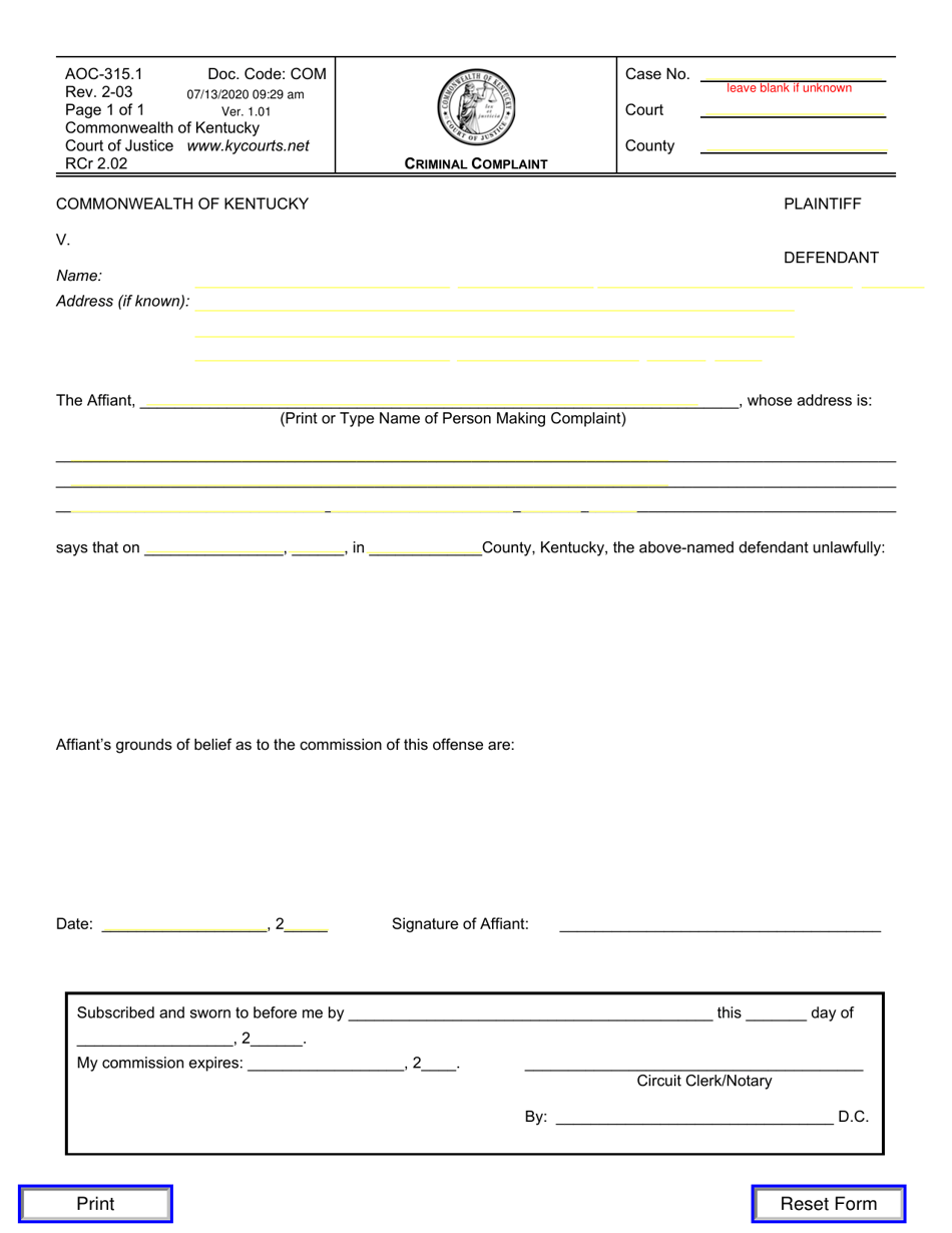 Form AOC-315.1 Criminal Complaint - Kentucky, Page 1
