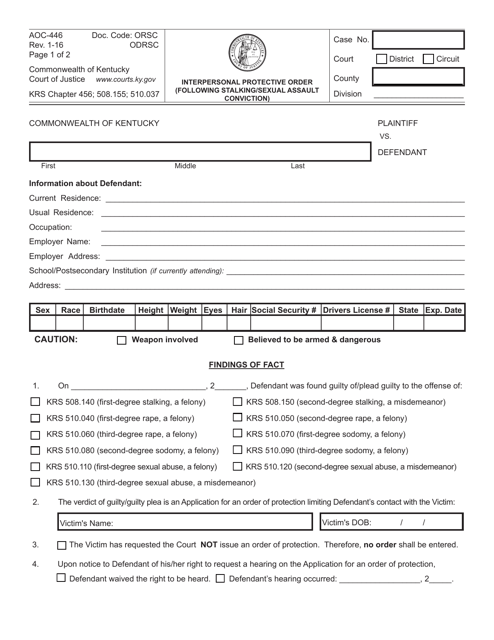 Form AOC-446 Interpersonal Protective Order (Following Stalking/Sexual Assault Conviction) - Kentucky