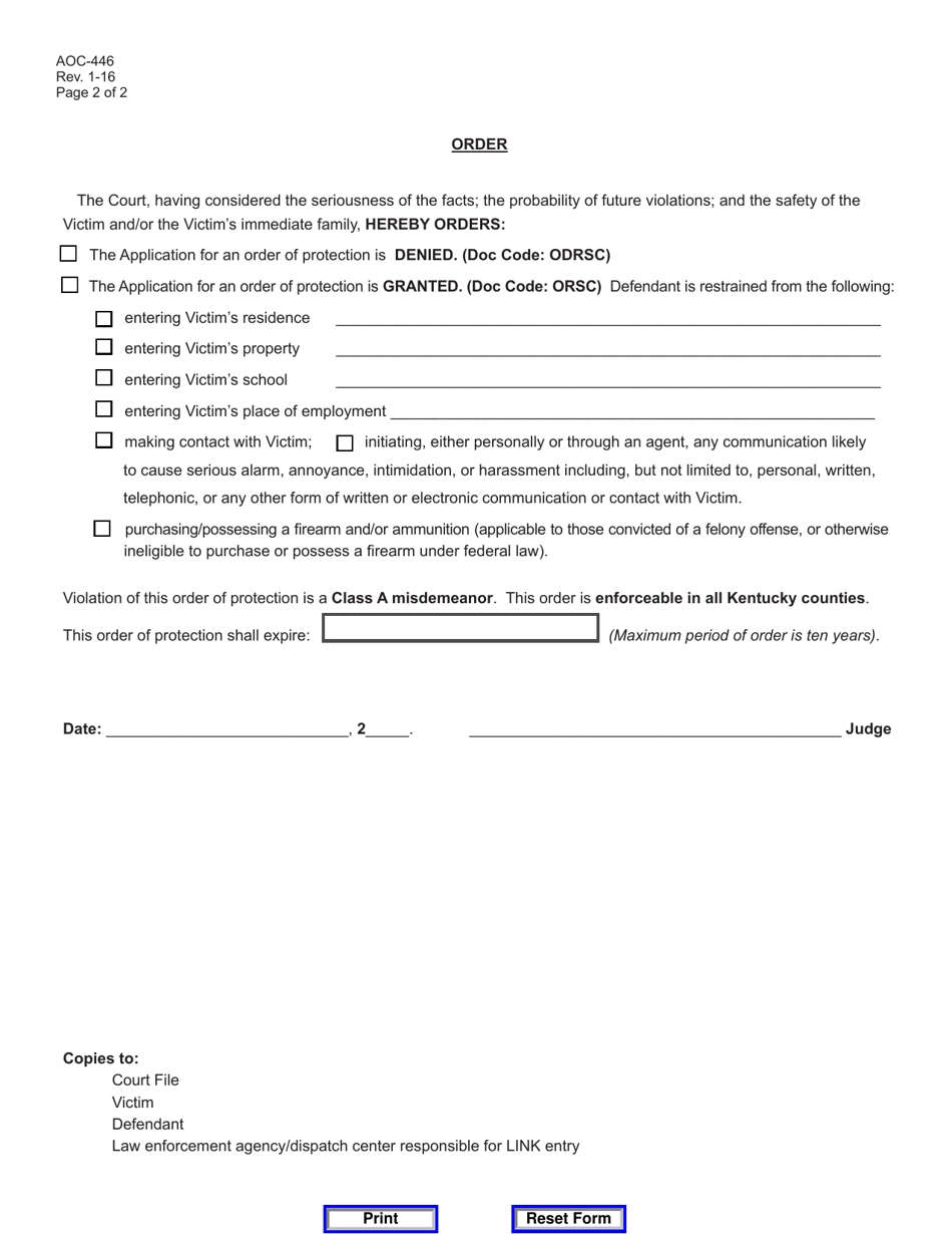 Form AOC-446 Interpersonal Protective Order (Following Stalking / Sexual Assault Conviction) - Kentucky, Page 2