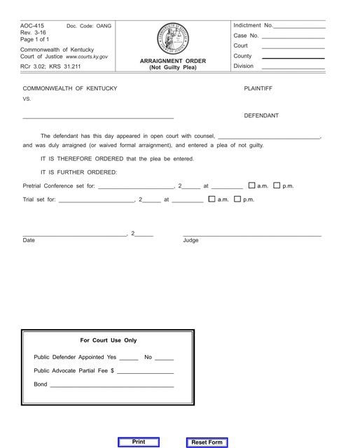 Form AOC-415 Arraignment Order (Not Guilty Plea) - Kentucky