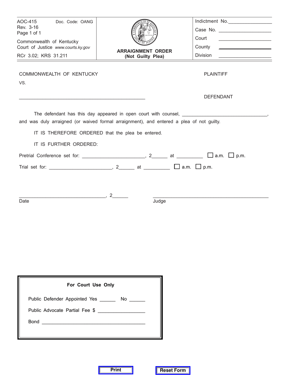 Form AOC-415 Arraignment Order (Not Guilty Plea) - Kentucky, Page 1