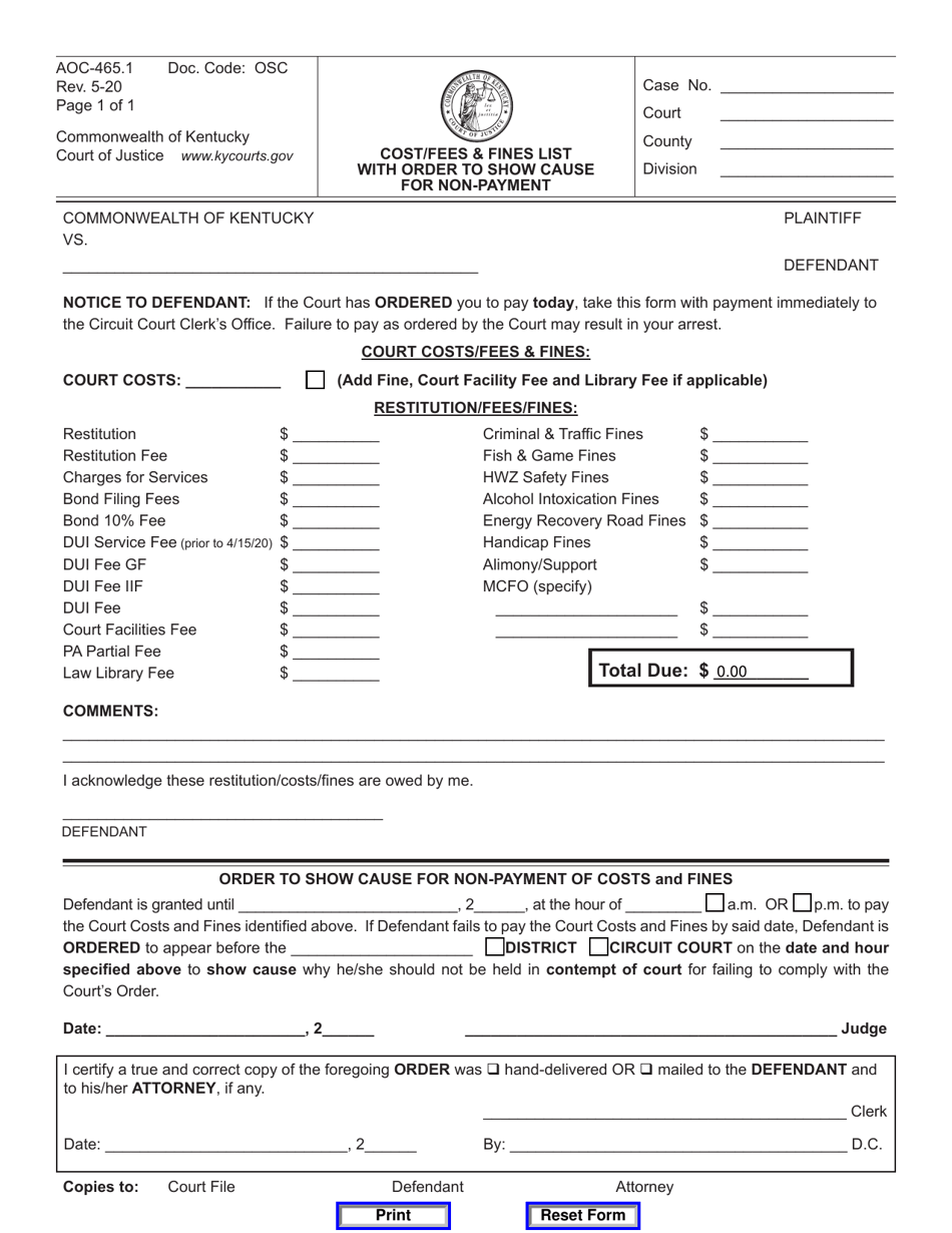 Form AOC-465.1 Cost / Fees  Fines List With Order to Show Cause for Non-payment - Kentucky, Page 1