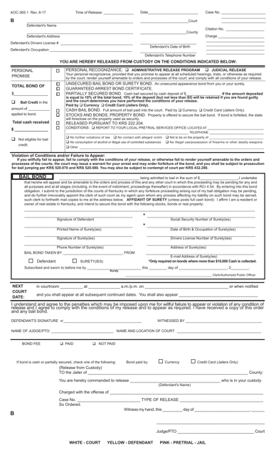 Form AOC-365.1 Pretrial Bail Bond - Kentucky