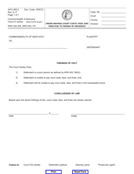 Document preview: Form AOC-465.3 Order Waiving Court Costs, Fees, and Fines Due to Finding of Indigence - Kentucky