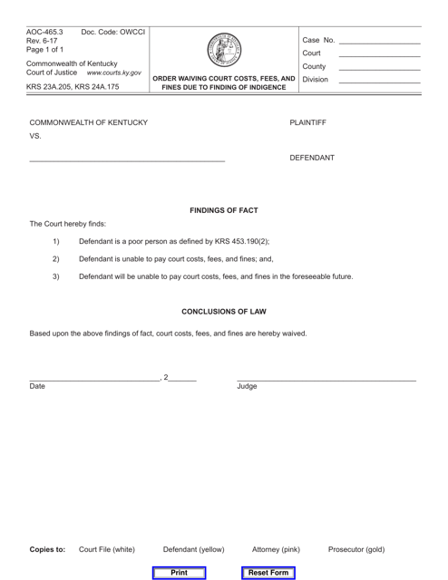 Form AOC-465.3 Order Waiving Court Costs, Fees, and Fines Due to Finding of Indigence - Kentucky