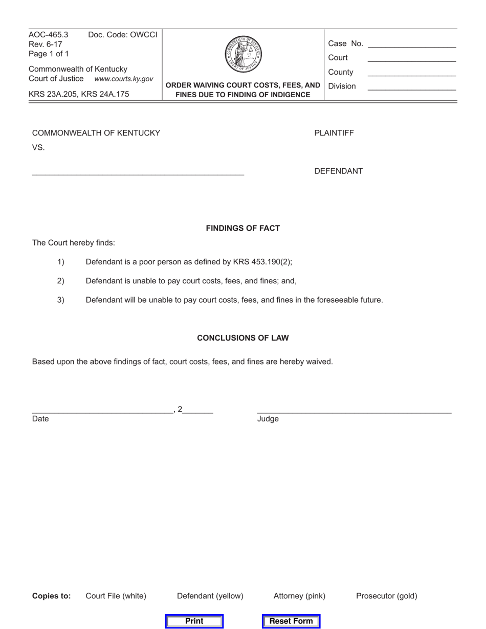 Form AOC-465.3 Order Waiving Court Costs, Fees, and Fines Due to Finding of Indigence - Kentucky, Page 1