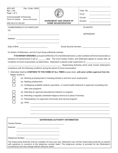 Form AOC-461 Agreement and Order of Home Incarceration - Kentucky