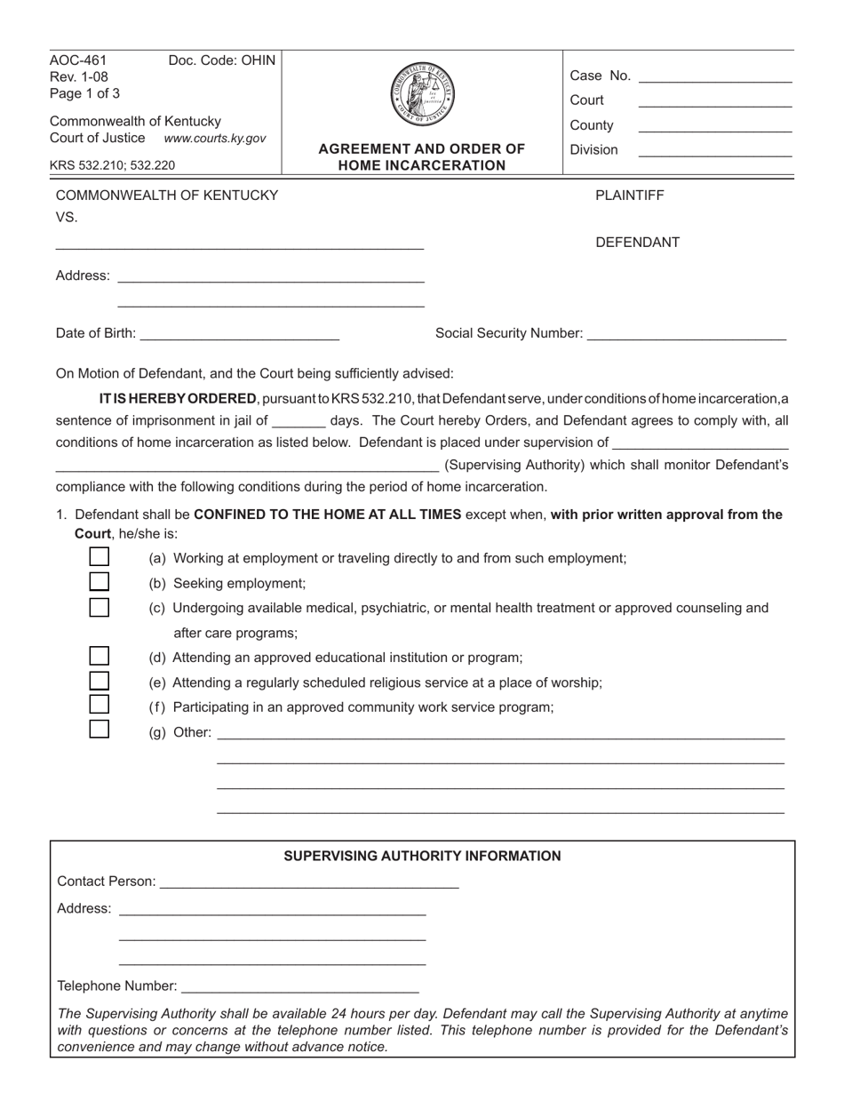 Form AOC-461 Agreement and Order of Home Incarceration - Kentucky, Page 1
