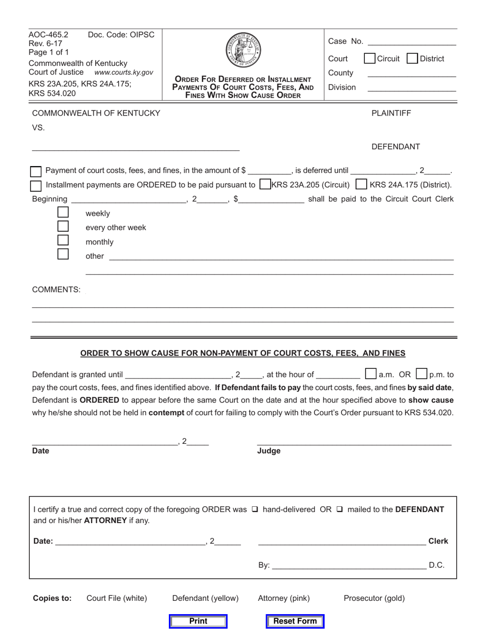 Form AOC-465.2 Order for Deferred or Installment Payments of Court Costs, Fees, and Fines With Show Cause Order - Kentucky, Page 1
