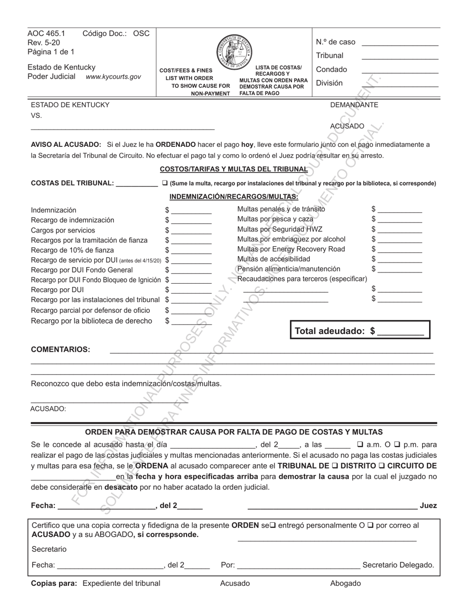 Formulario AOC-465.1 Lista De Costas / Recargos Y Multas Con Orden Para Demostrar Causa Por Falta De Pago - Kentucky (Spanish), Page 1