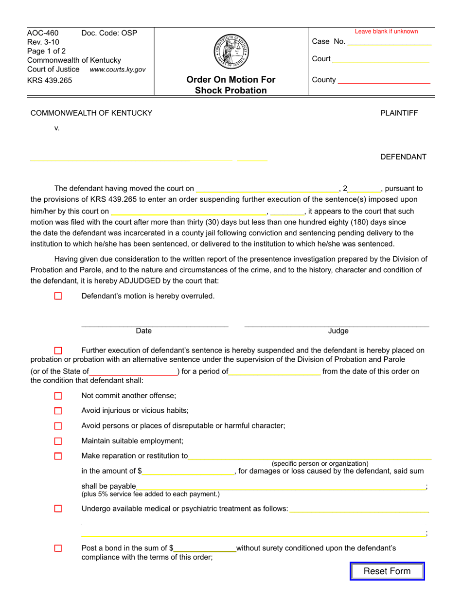 Form AOC-460 Order on Motion for Shock Probation - Kentucky, Page 1