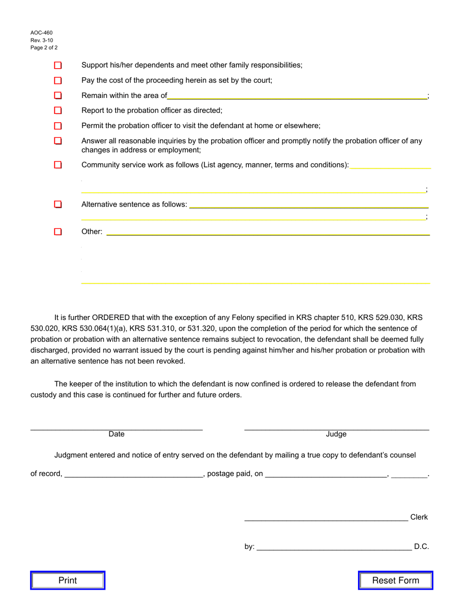 Form AOC-460 Order on Motion for Shock Probation - Kentucky, Page 2