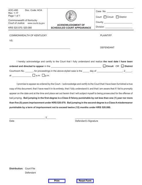 Form AOC-490 Acknowledgment of Scheduled Court Appearance - Kentucky