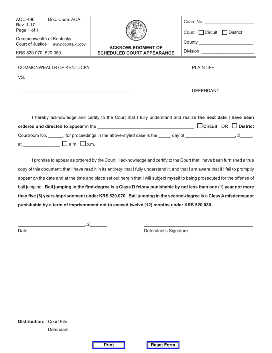 Form AOC-490 Acknowledgment of Scheduled Court Appearance - Kentucky, Page 1