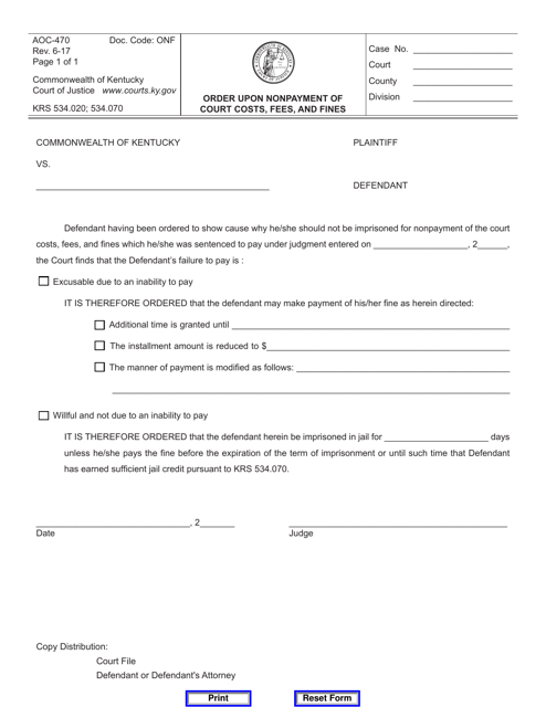 Form AOC-470 Order Upon Nonpayment of Court Costs, Fees, and Fines - Kentucky