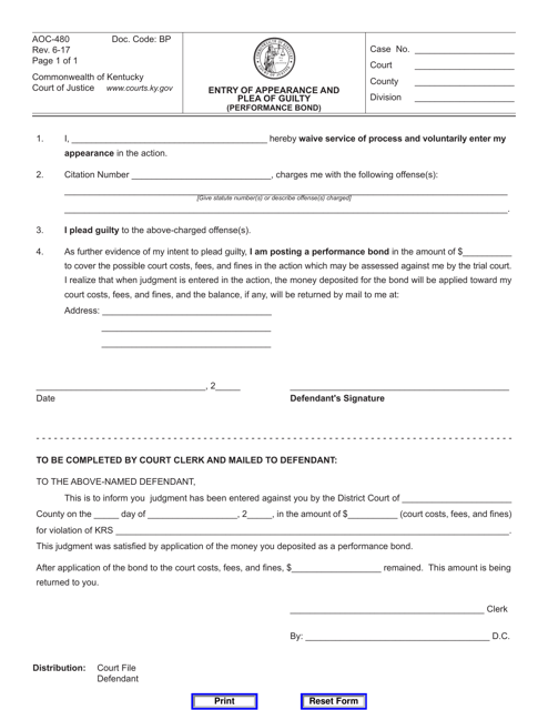 Form AOC-480 Entry of Appearance and Plea of Guilty (Performance Bond) - Kentucky