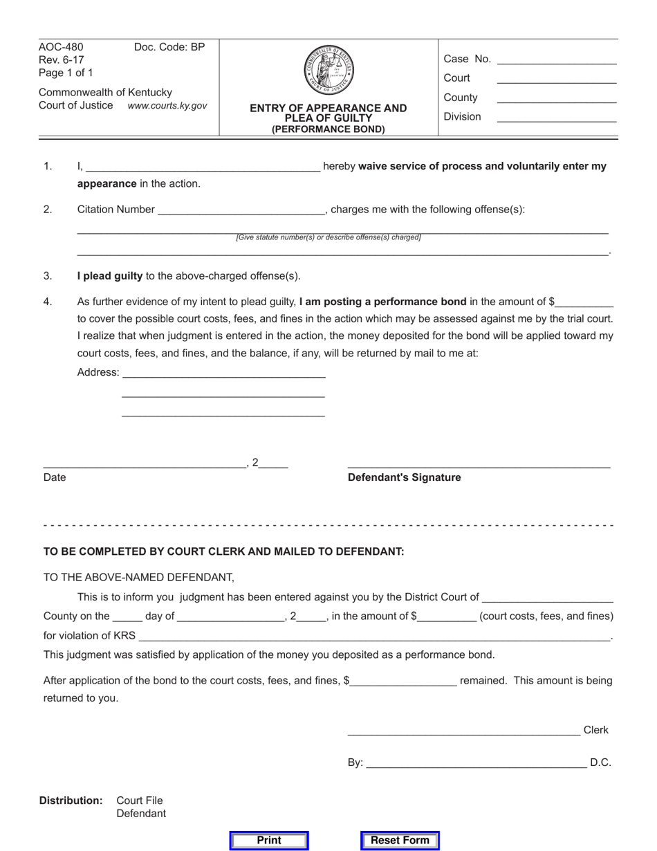 Form AOC-480 Entry of Appearance and Plea of Guilty (Performance Bond) - Kentucky, Page 1
