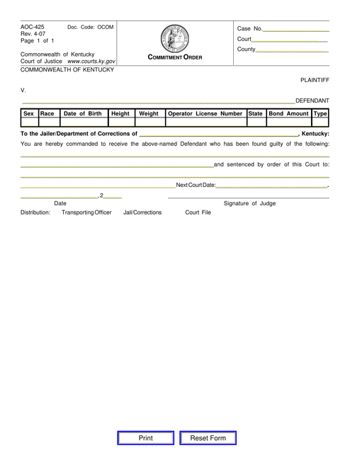 Form AOC-425 Commitment Order - Kentucky