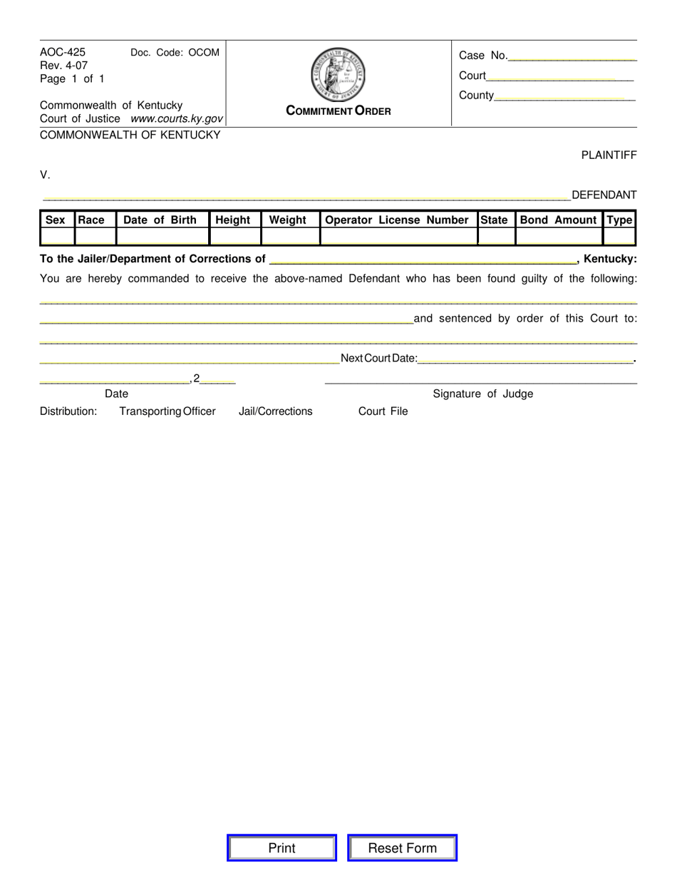 Form AOC-425 Commitment Order - Kentucky, Page 1