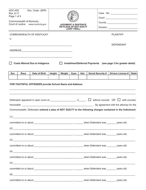 Form AOC-450 Judgment & Sentence on Pleas of Not Guilty (Jury Trial) - Kentucky