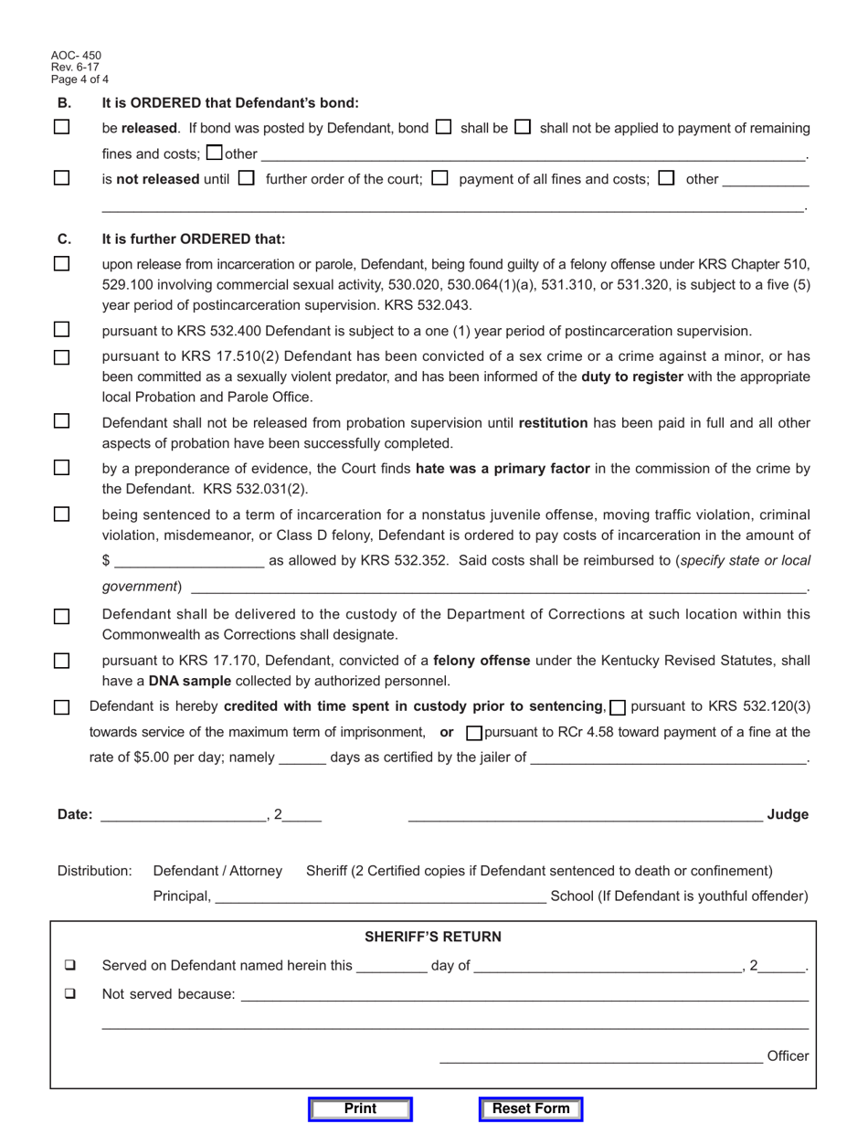 Form AOC-450 Judgment  Sentence on Pleas of Not Guilty (Jury Trial) - Kentucky, Page 4
