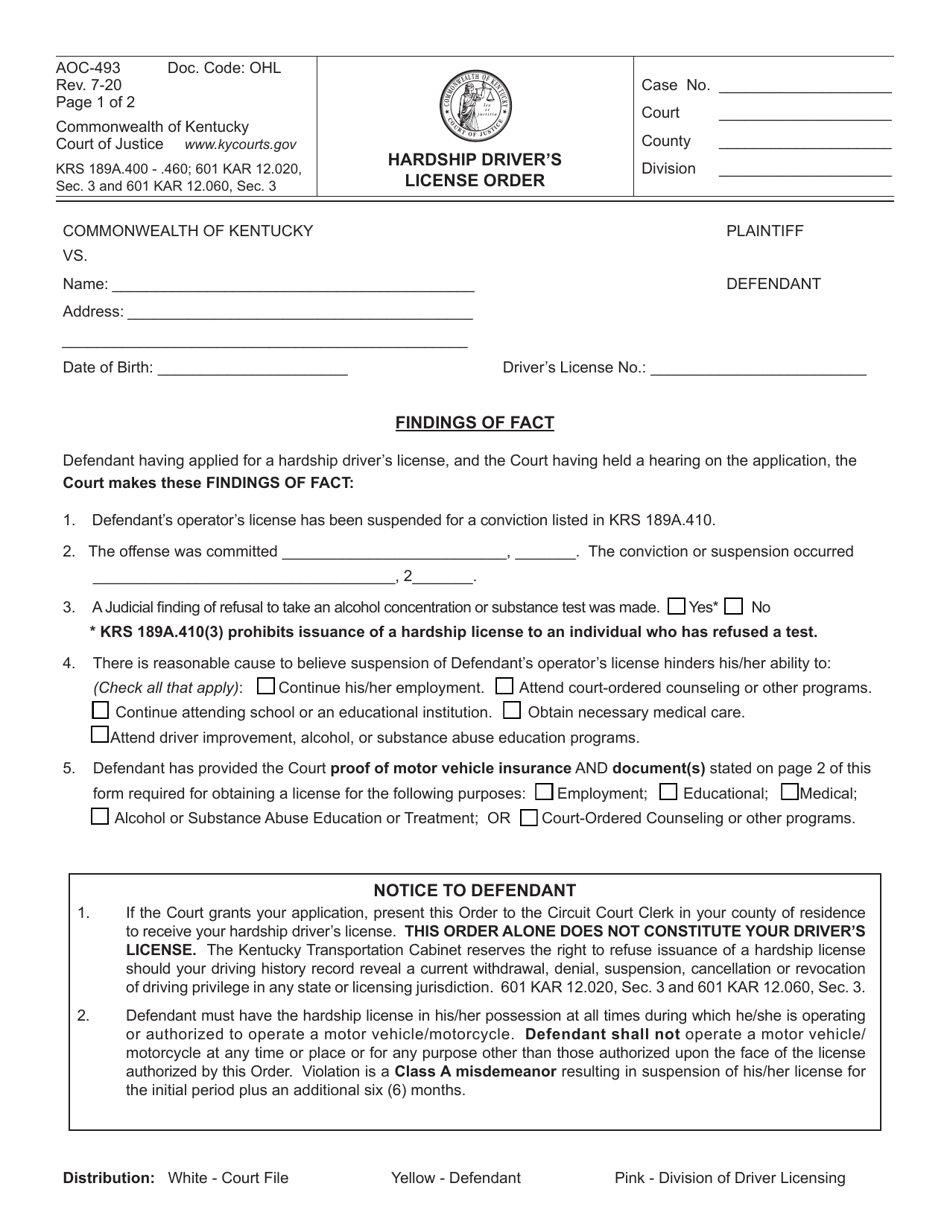 Form AOC-493 Hardship Drivers License Order - Kentucky, Page 1