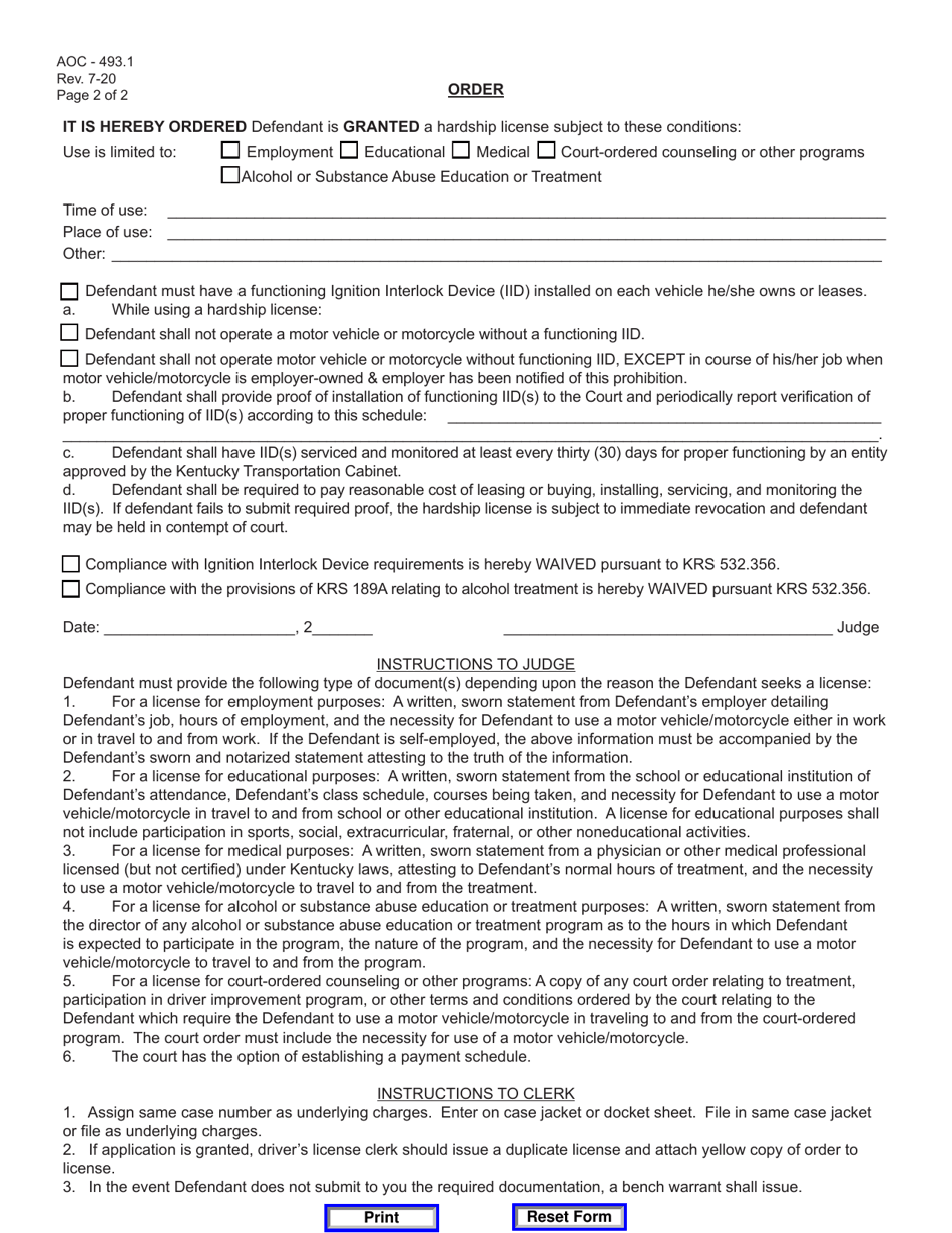 Form AOC-493.1 Hardship Drivers License Order (Restitution Owed / Theft-Related Offense) - Kentucky, Page 2