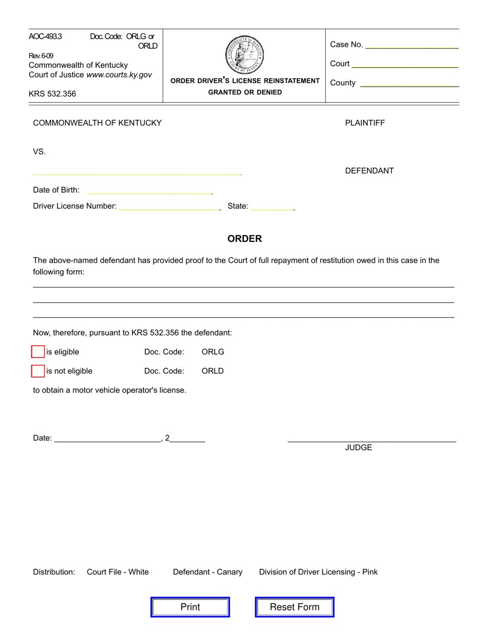 Form AOC-493.3 Order Drivers License Reinstatement Granted or Denied - Kentucky, Page 1