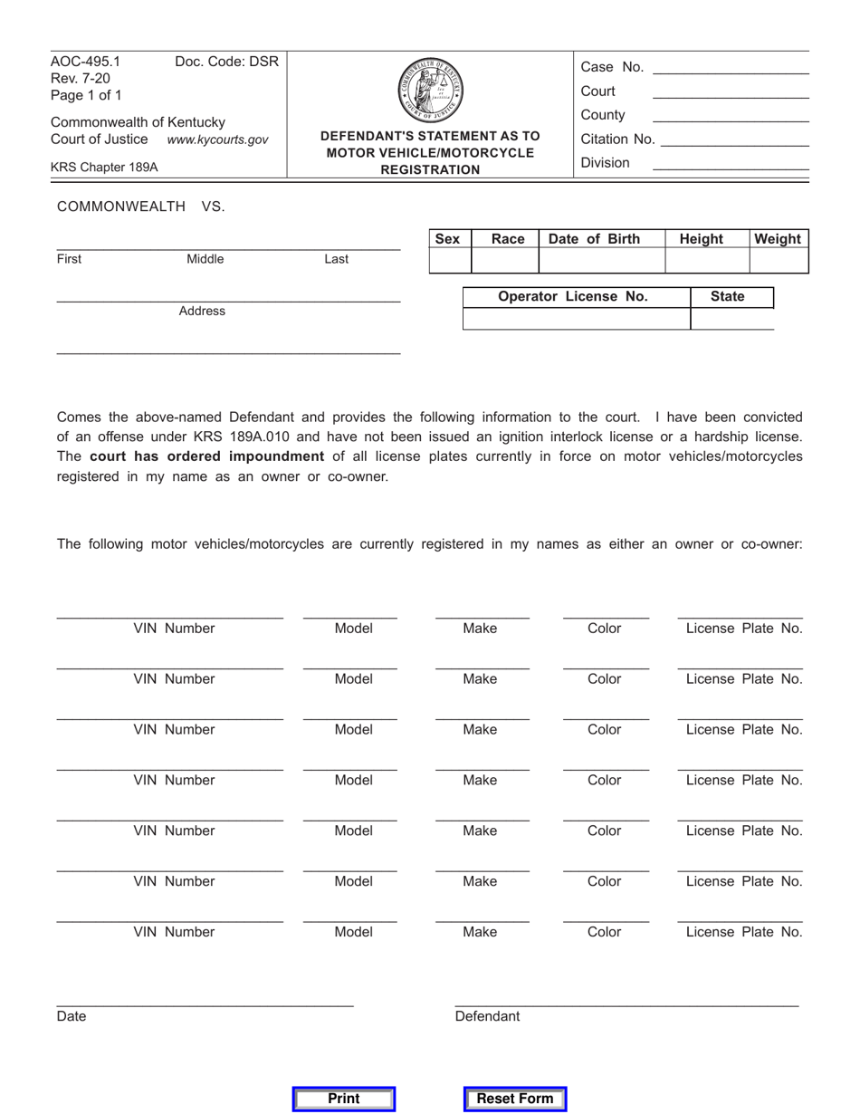 Form AOC-495.1 Defendants Statement as to Motor Vehicle / Motorcycle Registration - Kentucky, Page 1