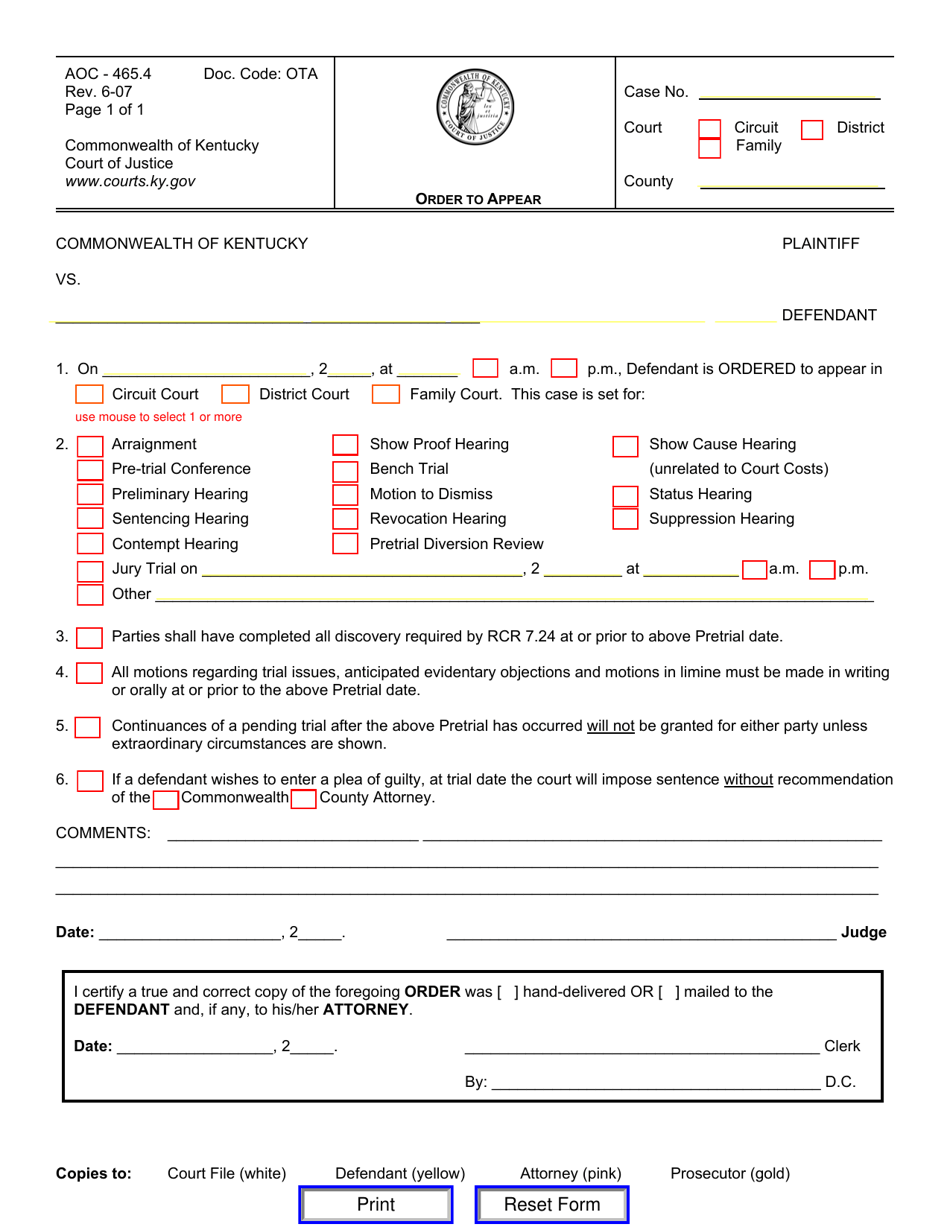 Form AOC-465.4 Order to Appear - Kentucky, Page 1