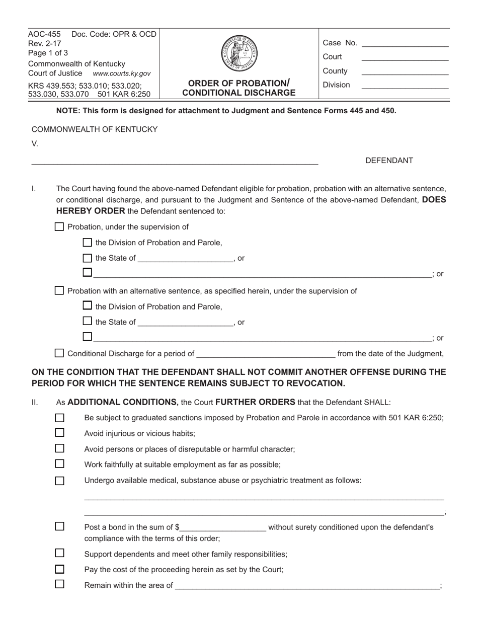 Form AOC-455 Order of Probation / Conditional Discharge - Kentucky, Page 1
