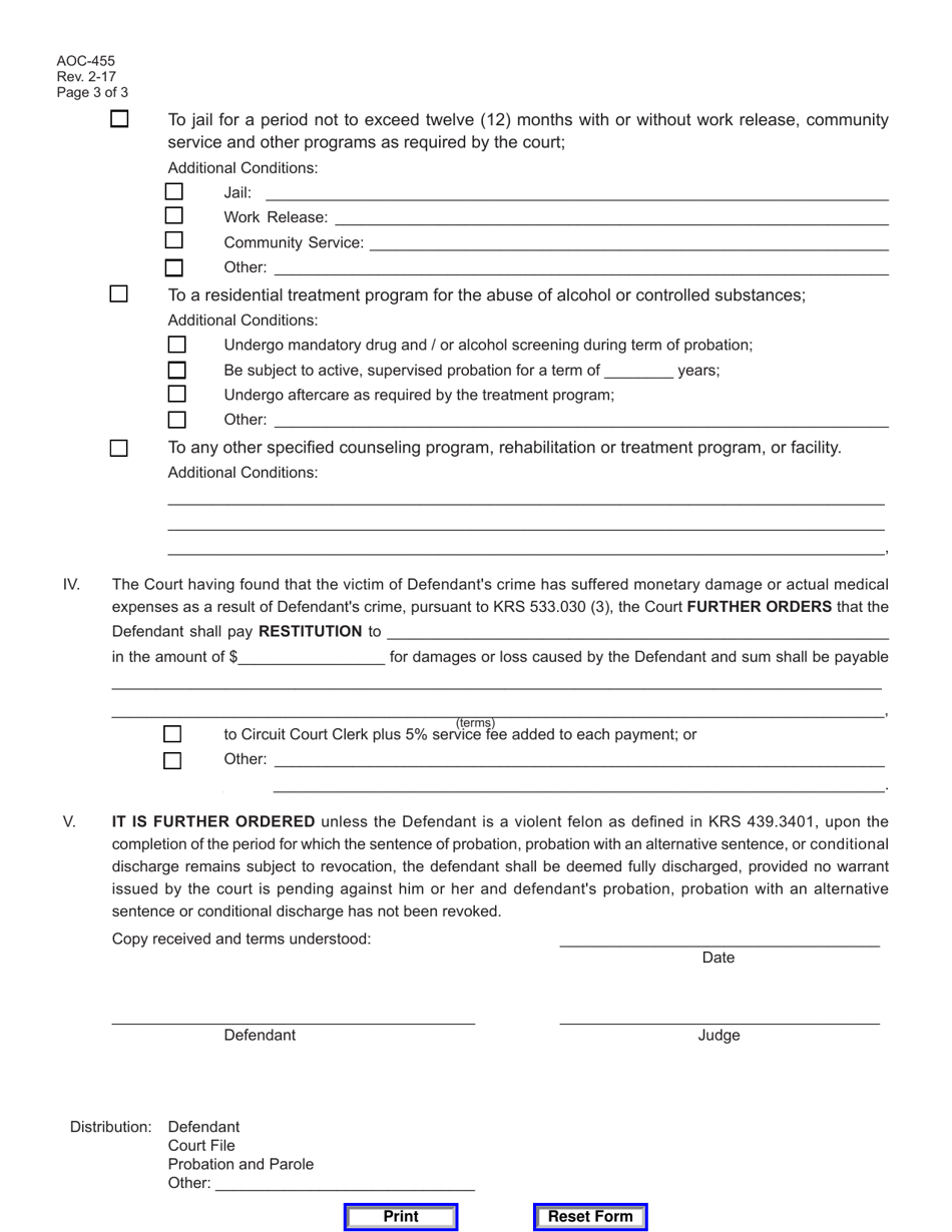 Form AOC-455 Order of Probation / Conditional Discharge - Kentucky, Page 3