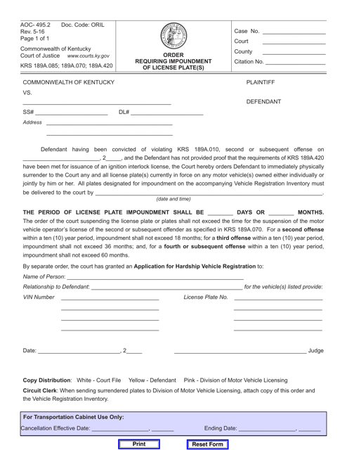 Form AOC-495.2 Order Requiring Impoundment of License Plate(S) - Kentucky