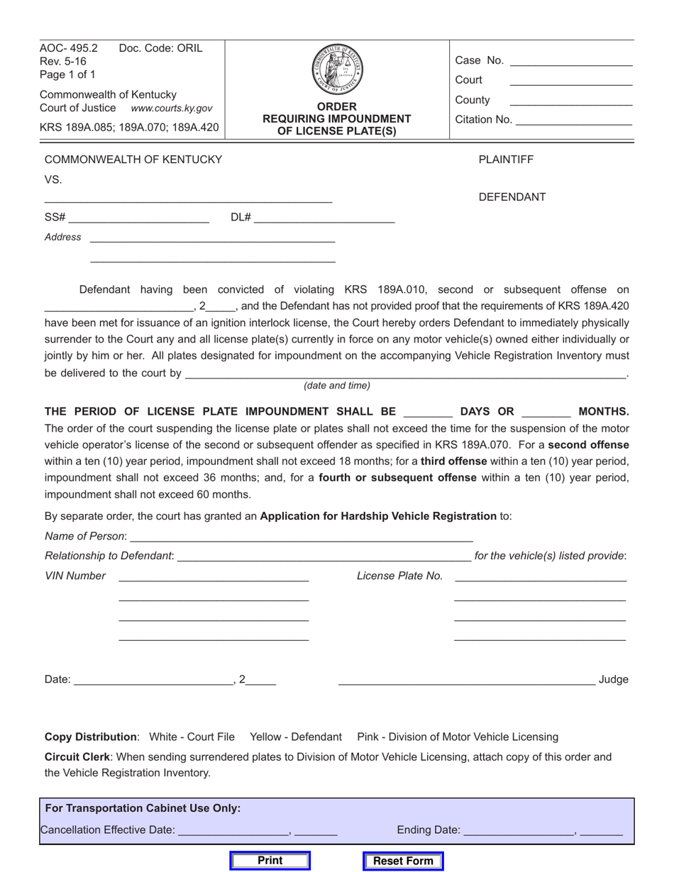 Form AOC-495.2 Order Requiring Impoundment of License Plate(S) - Kentucky, Page 1