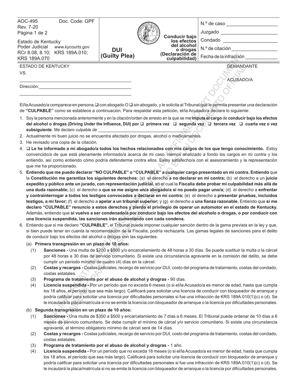 Formulario AOC-495 Conducir Bajo Los Efectos Del Alcohol O Drogas (Declaracion De Culpabilidad) - Kentucky (Spanish), Page 1