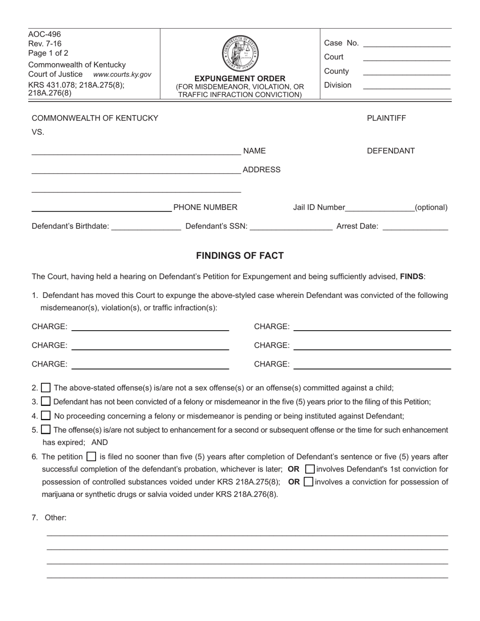 Form AOC-496 Expungement Order (For Misdemeanor, Violation, or Traffic Infraction Conviction) - Kentucky, Page 1