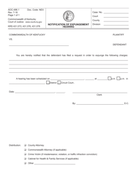 Document preview: Form AOC-496.1 Notification of Expungement Hearing - Kentucky