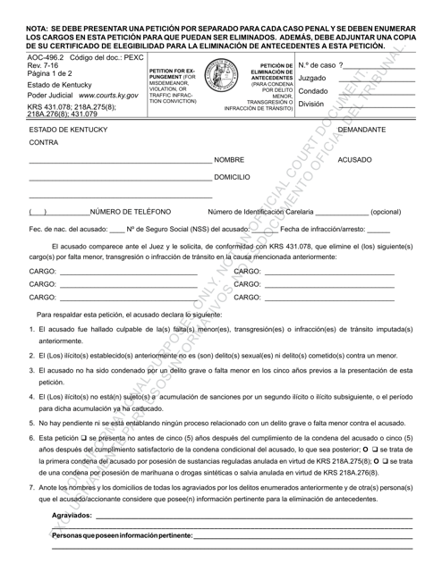Formulario AOC-496.2 Peticion De Eliminacion De Antecedentes (Para Condena Por Delito Menor, Transgresion O Infraccion De Transito) - Kentucky (Spanish)