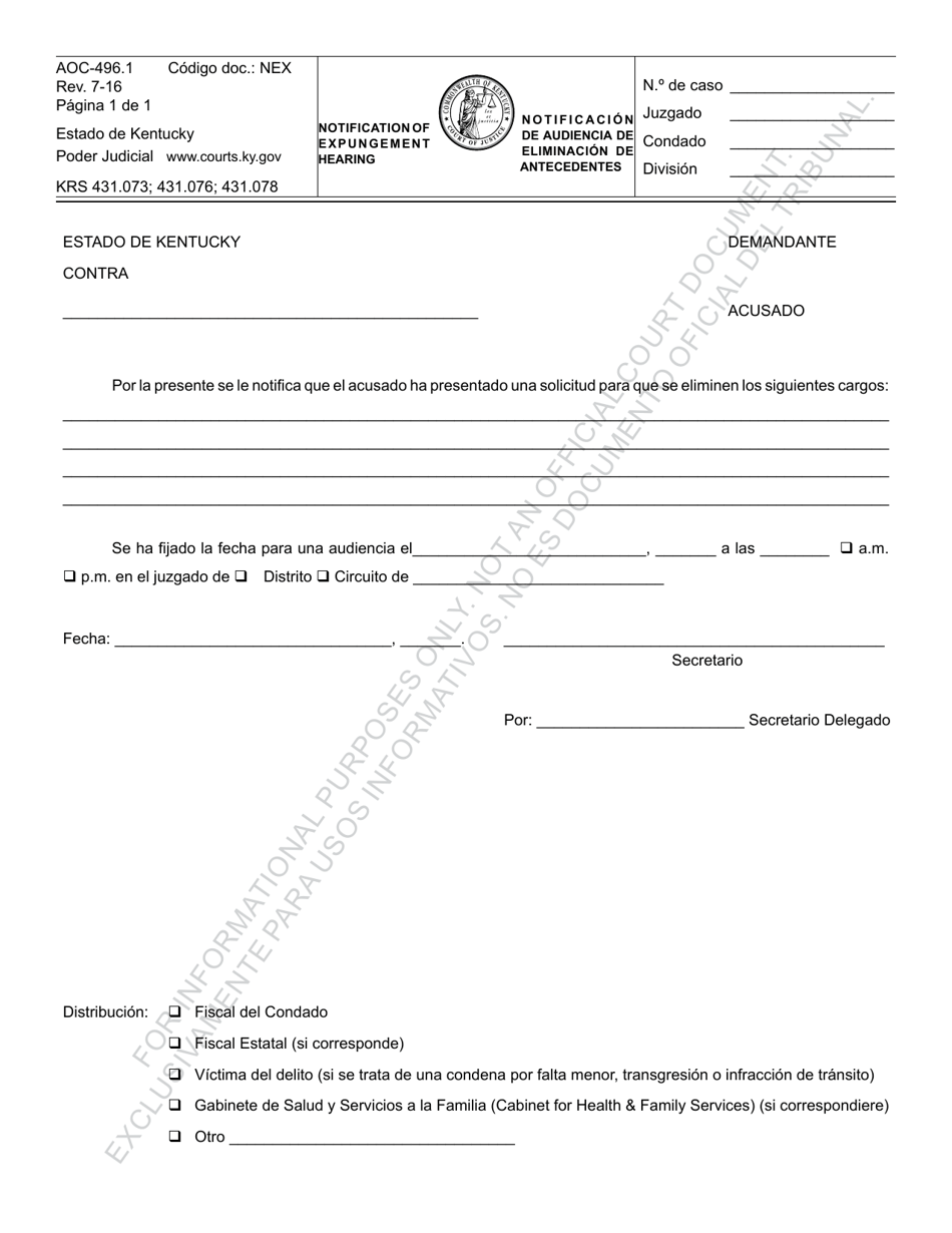 Formulario AOC-496.1 Notificacion De Audiencia De Eliminacion De Antecedentes - Kentucky (Spanish), Page 1