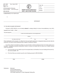 Document preview: Form AOC-498 Order for HIV, Hepatitis B and C, and Other Testing - Kentucky
