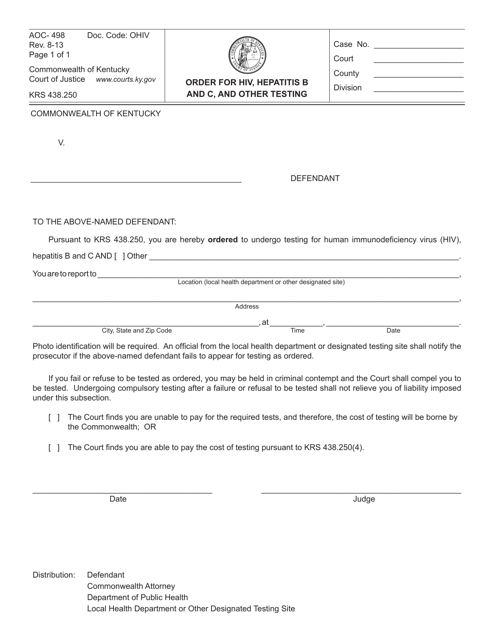 Form AOC-498 Order for HIV, Hepatitis B and C, and Other Testing - Kentucky