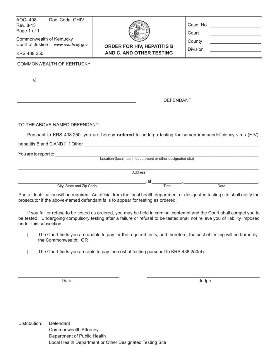 Form AOC-498 Order for HIV, Hepatitis B and C, and Other Testing - Kentucky, Page 1