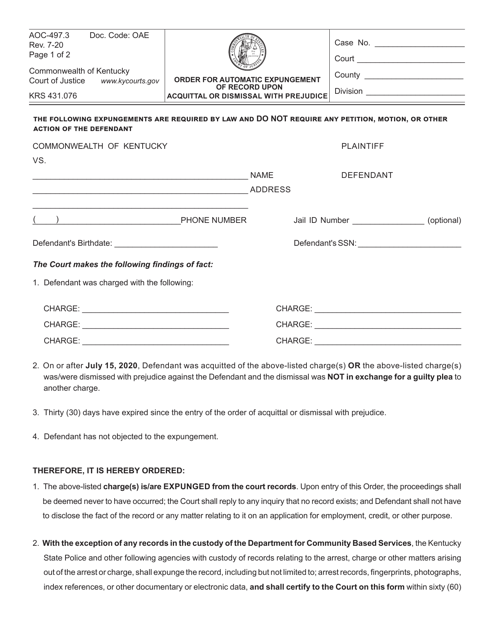 Form AOC-497.3 Order for Automatic Expungement of Record Upon Acquittal or Dismissal With Prejudice - Kentucky