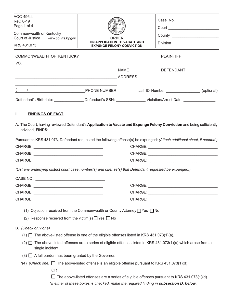 Form AOC-496.4 Order on Application to Vacate and Expunge Felony Conviction - Kentucky, Page 1