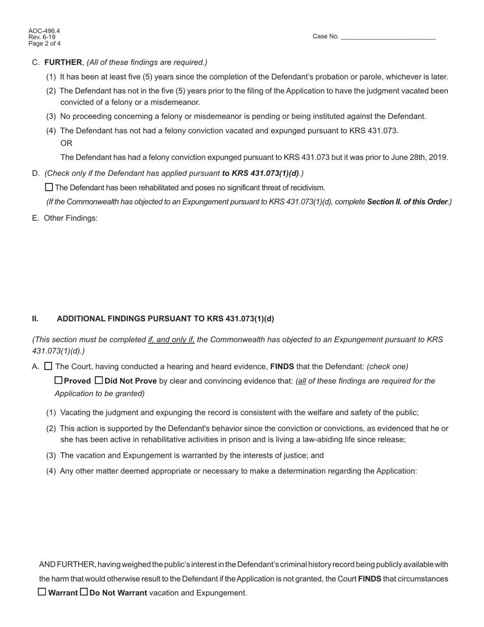 Form AOC-496.4 Order on Application to Vacate and Expunge Felony Conviction - Kentucky, Page 2