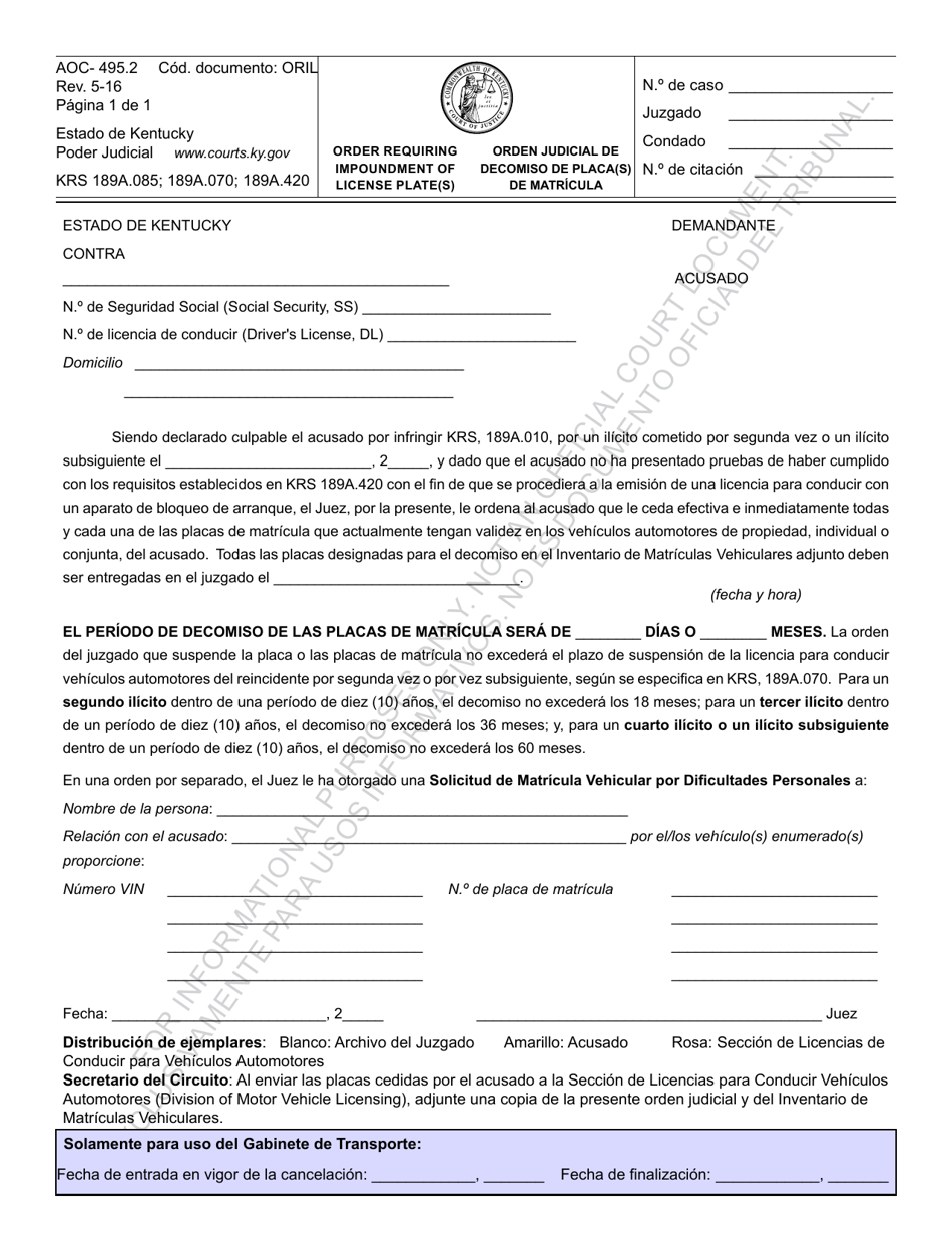 Formulario AOC-495.2 Orden Judicial De Decomiso De Placa(S) De Matricula - Kentucky (Spanish), Page 1