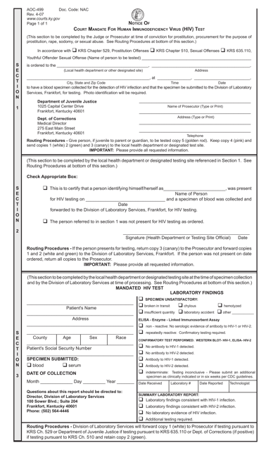 Form AOC-499 Notice of Court Mandate for Human Immunodeficiency Virus (HIV) Test - Kentucky