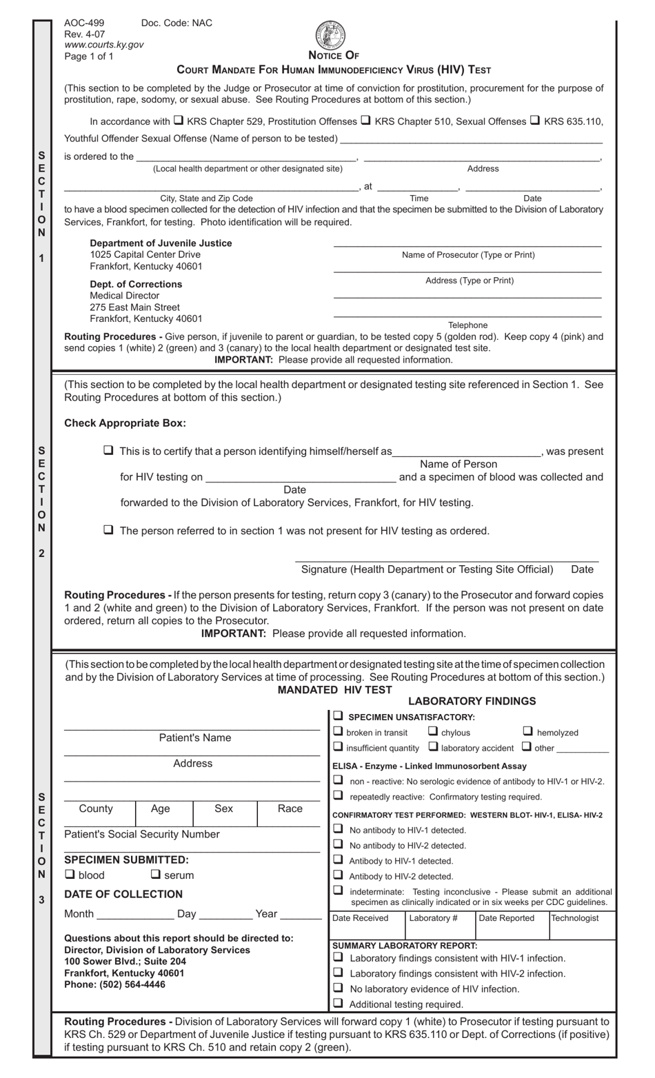 Form AOC-499 Notice of Court Mandate for Human Immunodeficiency Virus (HIV) Test - Kentucky, Page 1
