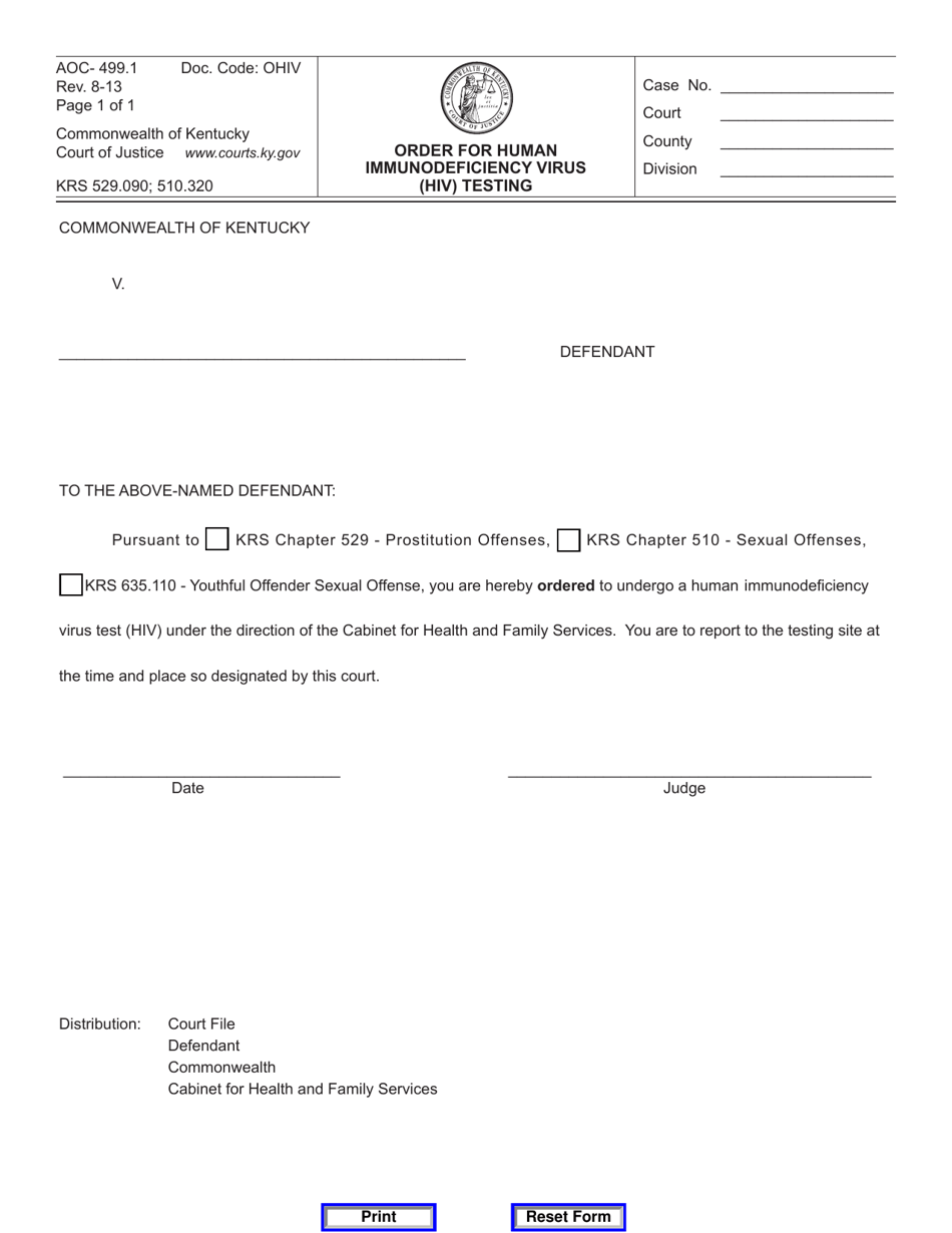 Form AOC-499.1 Order for Human Immunodeficiency Virus (HIV) Testing - Kentucky, Page 1